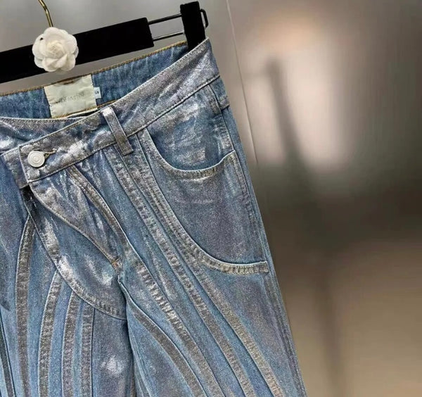 Women Fashion Metallic Patchwork Denim Pants