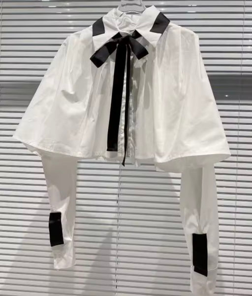 Women White/Black Button Up Tie Full Sleeve Top