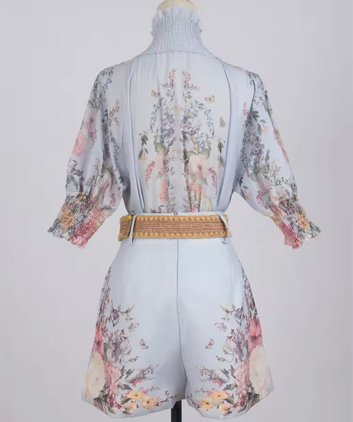 Women Fashion Button Up Floral Short Sleeve Two Piece Short Set