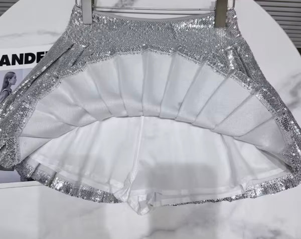 Women Sexy Sequins Halter Sleeveless Two Piece Pleated Skirt Set
