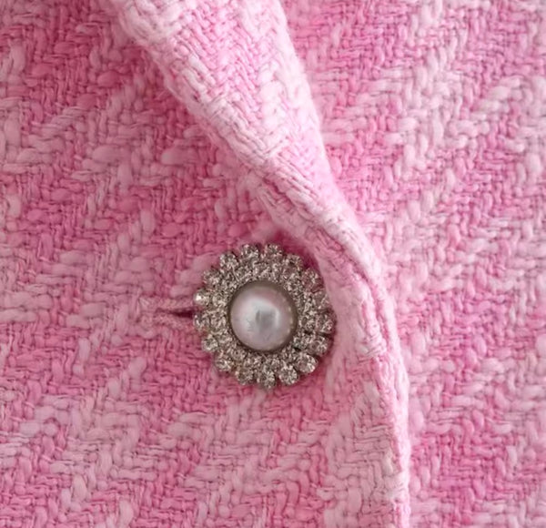 Women Sexy Pink Tweed Bling Button Blazer Two Piece Short Set