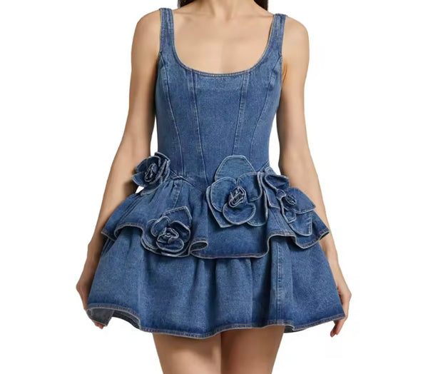 Women Sleeveless Floral Ruffled Fashion Denim Dress