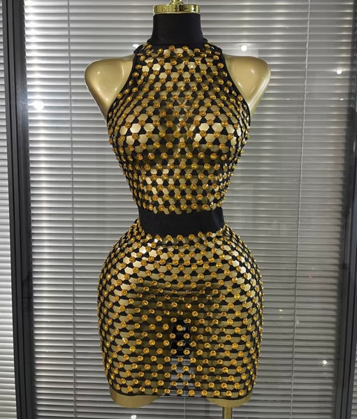 Women Sleeveless Open Back Rhinestone See Through Dress