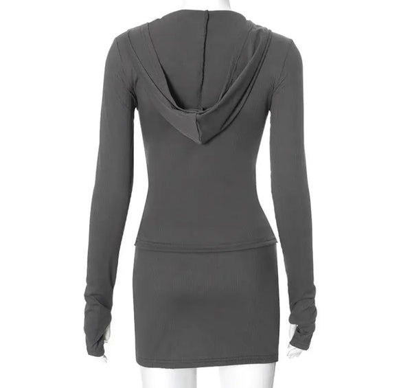 Women Sexy Hooded Full Sleeve Zipper Two Piece Skirt Set