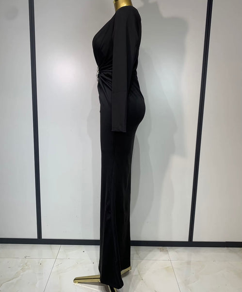 Women Sexy V-Neck Full Sleeve Ruched Rhinestone Maxi Dress