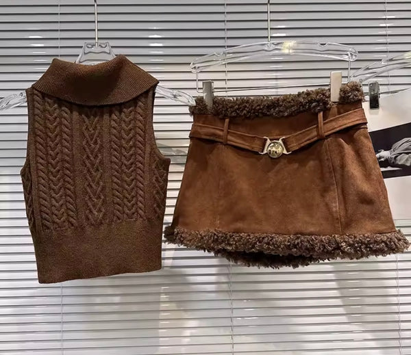 Women Brown Sleeveless Fashion Two Piece Suede Fur Skirt Set