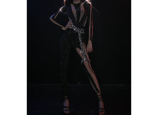 Women Sexy Black Bling Mesh Patchwork Full Sleeve Jumpsuit