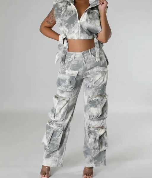 Women Fashion Camouflage Hooded Sleeveless Two Piece Cargo Denim Pant Set
