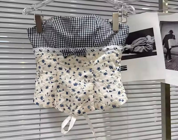 Women Plaid Floral Bow Strapless Corset Two Piece Skirt Set