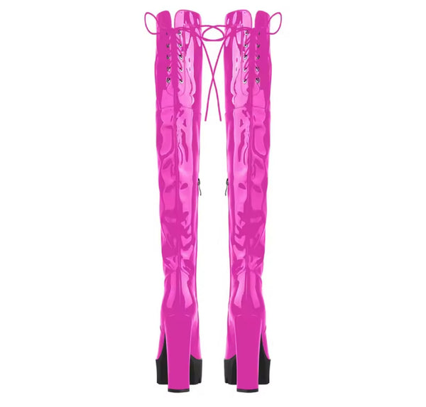 Women Fashion Pink Patent Leather Platform Knee High Boots