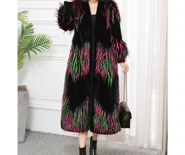 Women Fashion Multicolored Faux Fur Long Coat