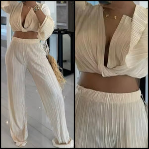 Women Sexy Full Sleeve Crop Solid Color Two Piece Pant Set