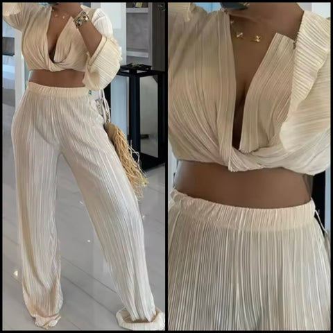 Women Sexy Full Sleeve Crop Solid Color Two Piece Pant Set