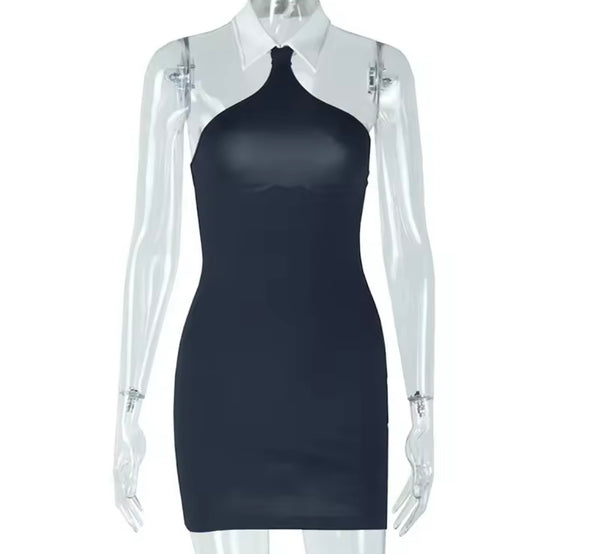 Women Sexy B&W Collar Sleeveless Dress