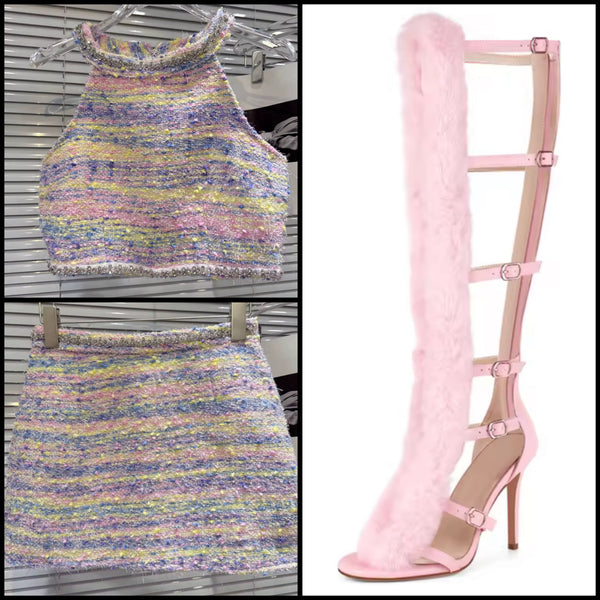 Women Color Bling Sleeveless Tweed Two Piece Skirt Set
