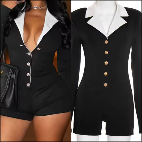 Women Sexy B&W Collar Full Sleeve Button Up Romper
