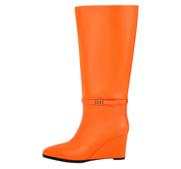 Women Fashion Color Faux Leather Buckle Wedge Knee High Boots