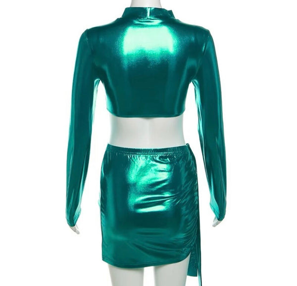 Women Sexy Green PU Full Sleeve Crop Two Piece Skirt Set