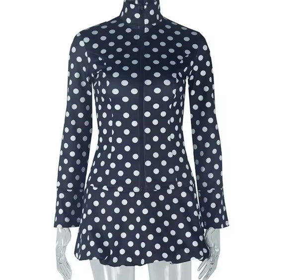 Women Fashion B&W Polka Dot Zip Up Two Piece Skirt Set