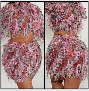 Women Sexy Printed Fringe Full Sleeve Two Piece Skirt Set