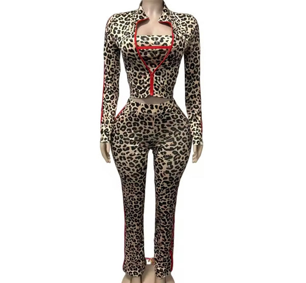 Women Leopard Striped Tracksuit Three Piece Pant Set