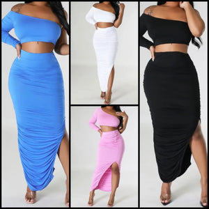 Women Sexy One Shoulder Crop Two Piece Ruched Maxi Skirt Set