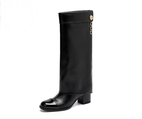 Women Fashion Faux Leather Gold Button Knee High Boots