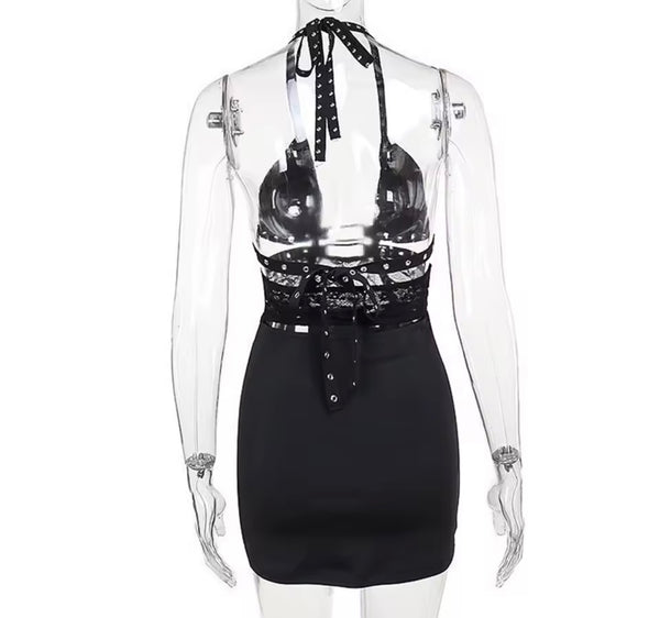 Women Black Halter Sexy Metal Ring Buckled Lingerie Set