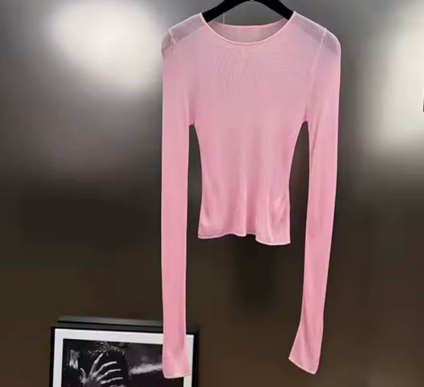 Women Sexy Pink Mesh Full Sleeve Two Piece Short Set