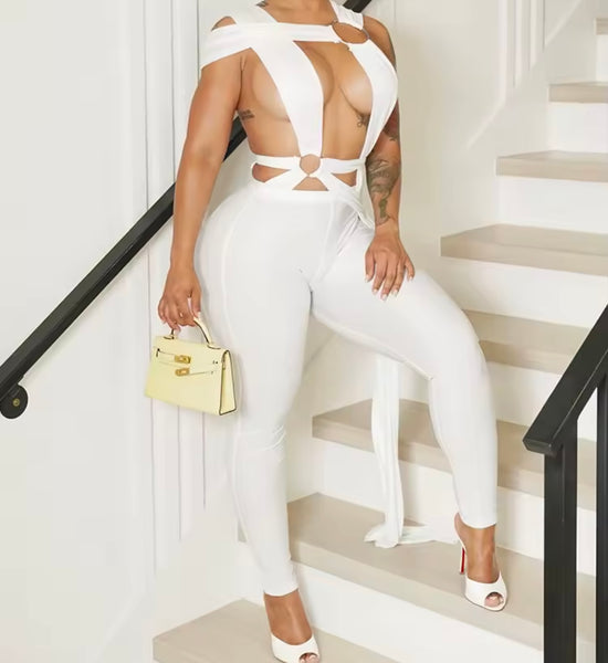 Women Sexy Sleeveless Ribbon Hollow Out Jumpsuit