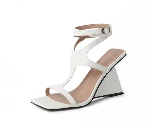 Women Fashion Patent Leather Lace Up Buckle Wedge Sandals