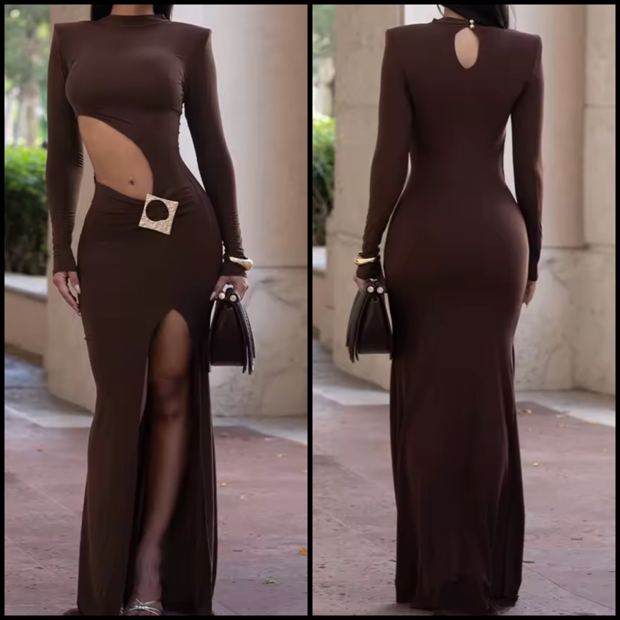 Women Sexy Brown Metal Cut Out Full Sleeve Maxi Dress