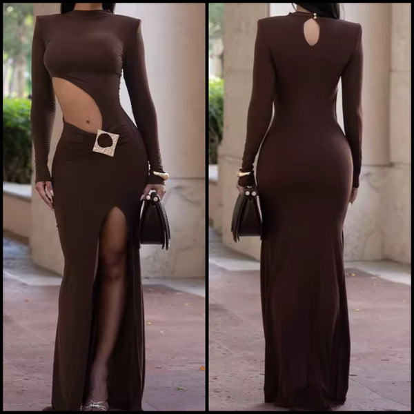 Women Sexy Brown Metal Cut Out Full Sleeve Maxi Dress