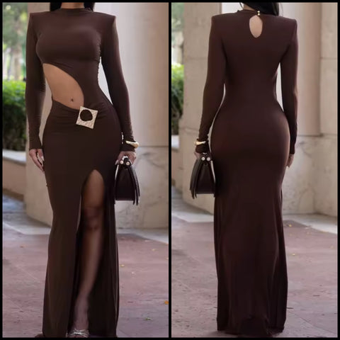 Women Sexy Brown Metal Cut Out Full Sleeve Maxi Dress