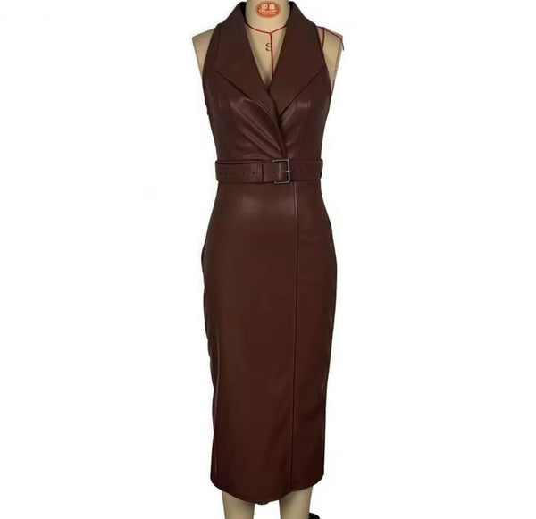 Women Sleeveless Brown Faux Leather Buckled Sexy Dress