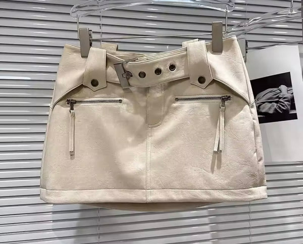 Women Fashion Beige Buckle Zipper Faux Leather Skirt