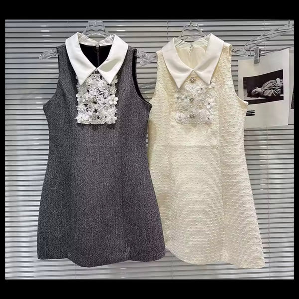 Women Collar Sleeveless Lace Tweed Dress