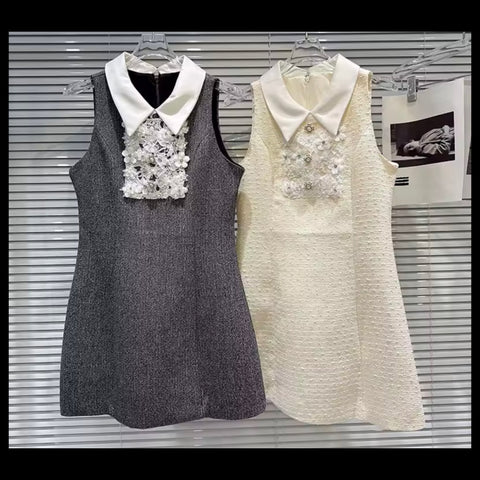Women Collar Sleeveless Lace Tweed Dress