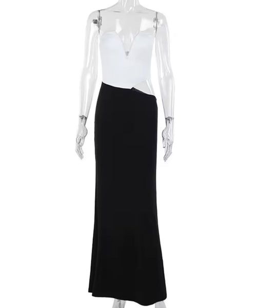 Women Sexy B&W Strapless Cut Out Maxi Dress