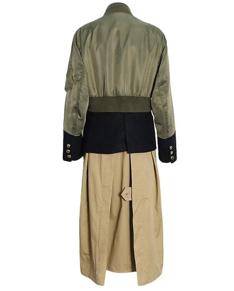 Women Fashion Color Patchwork Zip Up Trench Jacket