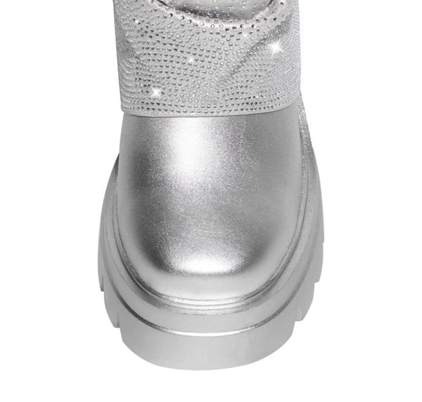 Women Silver Fashion Bling Ruched Ankle Boots