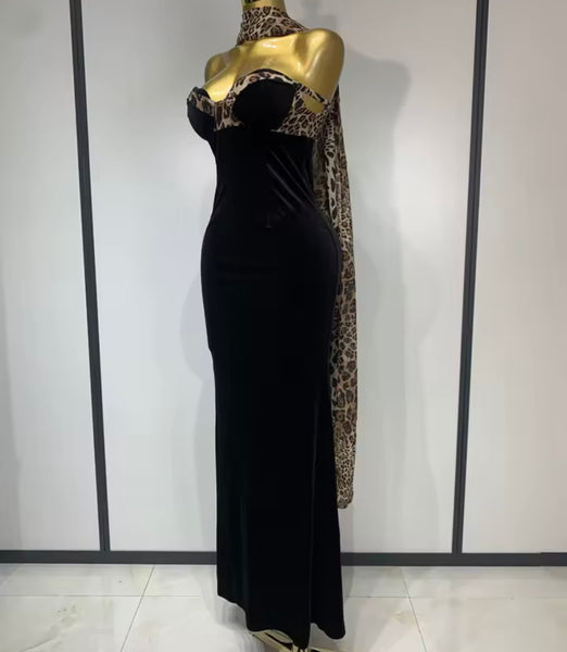 Women Sexy Strapless Black Leopard Patchwork Velvet Maxi Dress