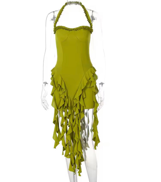 Women Color Halter Sleeveless Tassel Sexy Dress