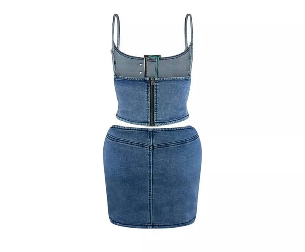 Women Sexy Sleeveless Buckled Cut Out Denim Two Piece Skirt Set