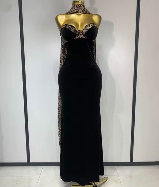 Women Sexy Strapless Black Leopard Patchwork Velvet Maxi Dress