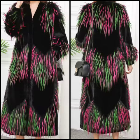 Women Fashion Multicolored Faux Fur Long Coat
