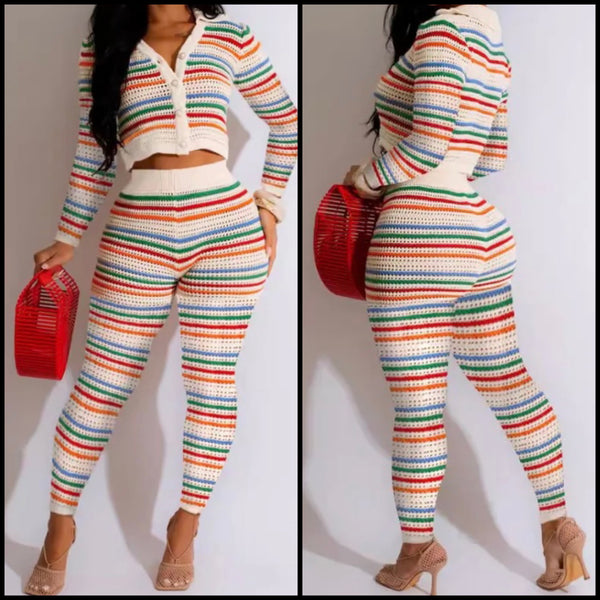 Women Fashion Button Up Full Sleeve Striped Two Piece Pant Set