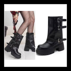 Women Black Buckled Platform Fashion Ankle Boots