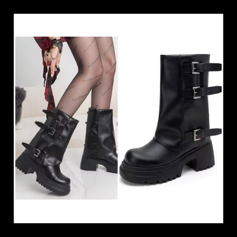 Women Black Buckled Platform Fashion Ankle Boots