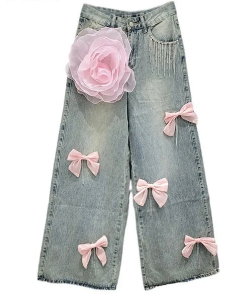 Women Fashion Pink Floral Bow Tassel Denim Pants